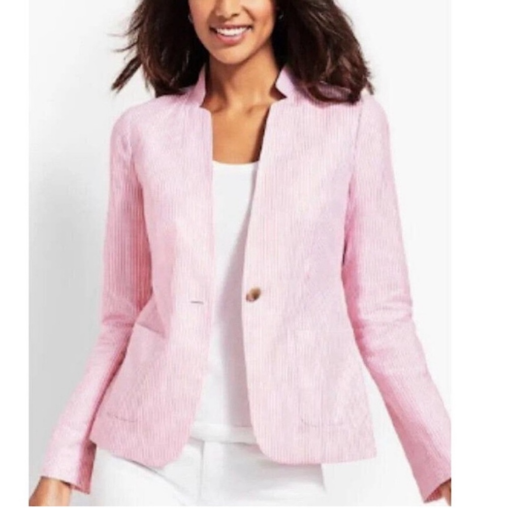 Talbots Aberdeen Linen Pink Striped Blazer Sz 4 - Picture 2 of 16